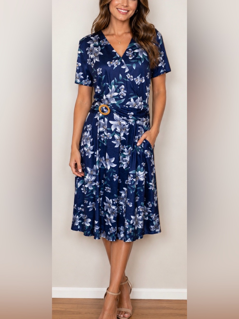 Beautiful Navy Floral Wrap-Style Midi Dress with Pockets & Belt Size XL
